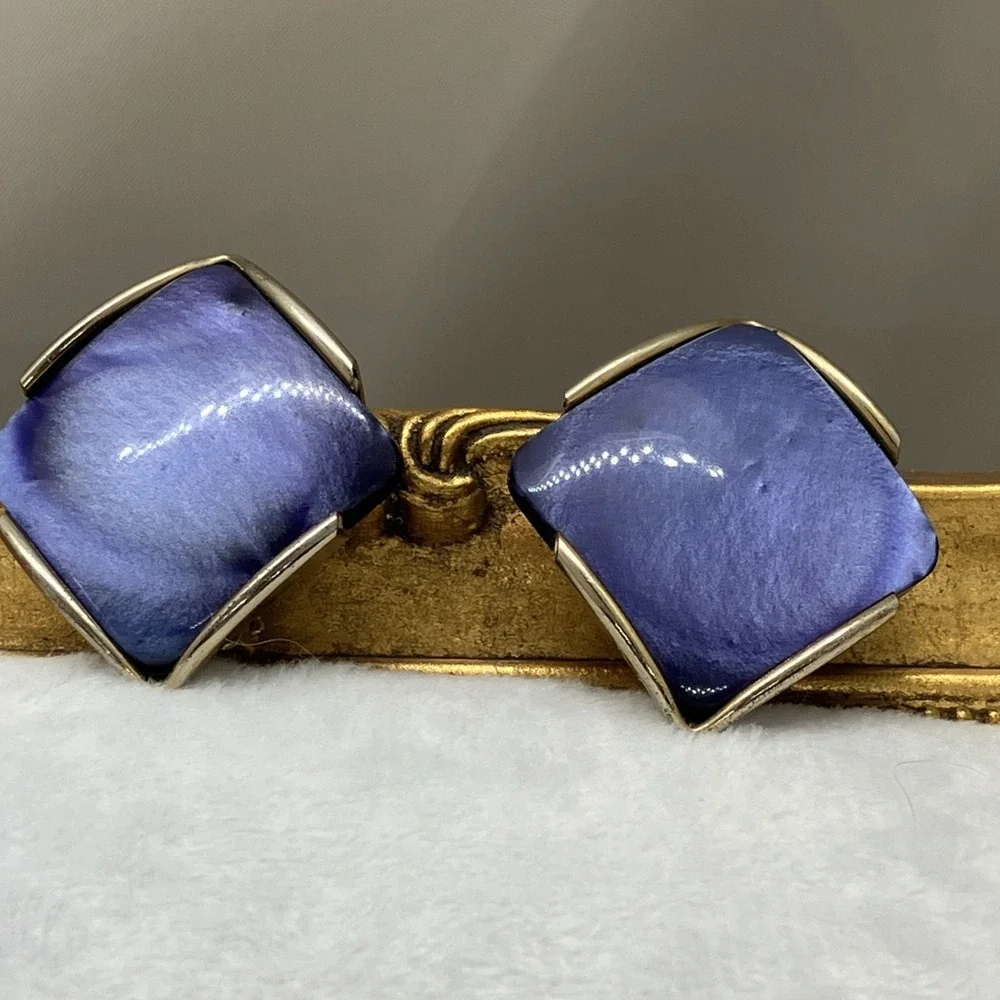 Vtg. 50's Thermoset Moonglow Blue Lucite Clip On‎ Gold Tone Earrings MCM